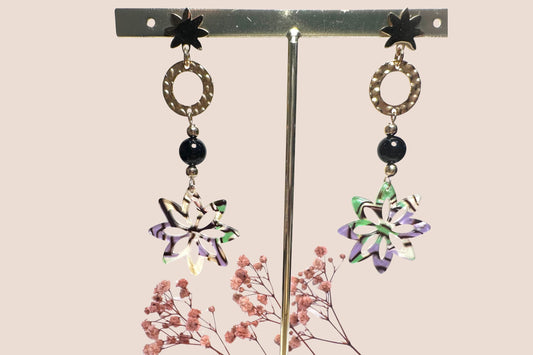 Boucles d’Oreilles en Résine Multicolore, Acier Doré et Perle d'Obsidienne Noire – Originalité et Protection