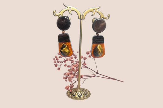 Boucles d'Oreilles Résine Orange et Œil de Tigre facetté – Audace et Énergie